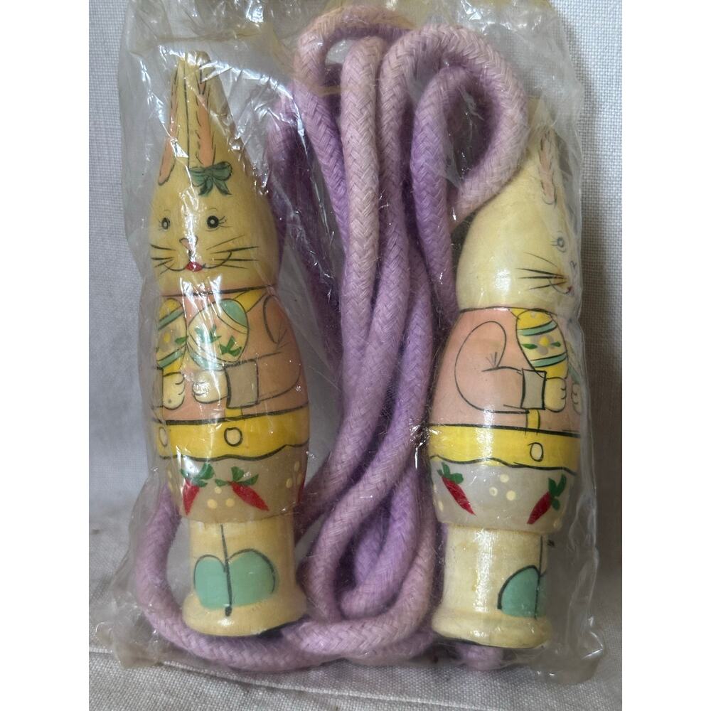 Vintage Child's jump rope hand painted Bunny wood handles white rope in package